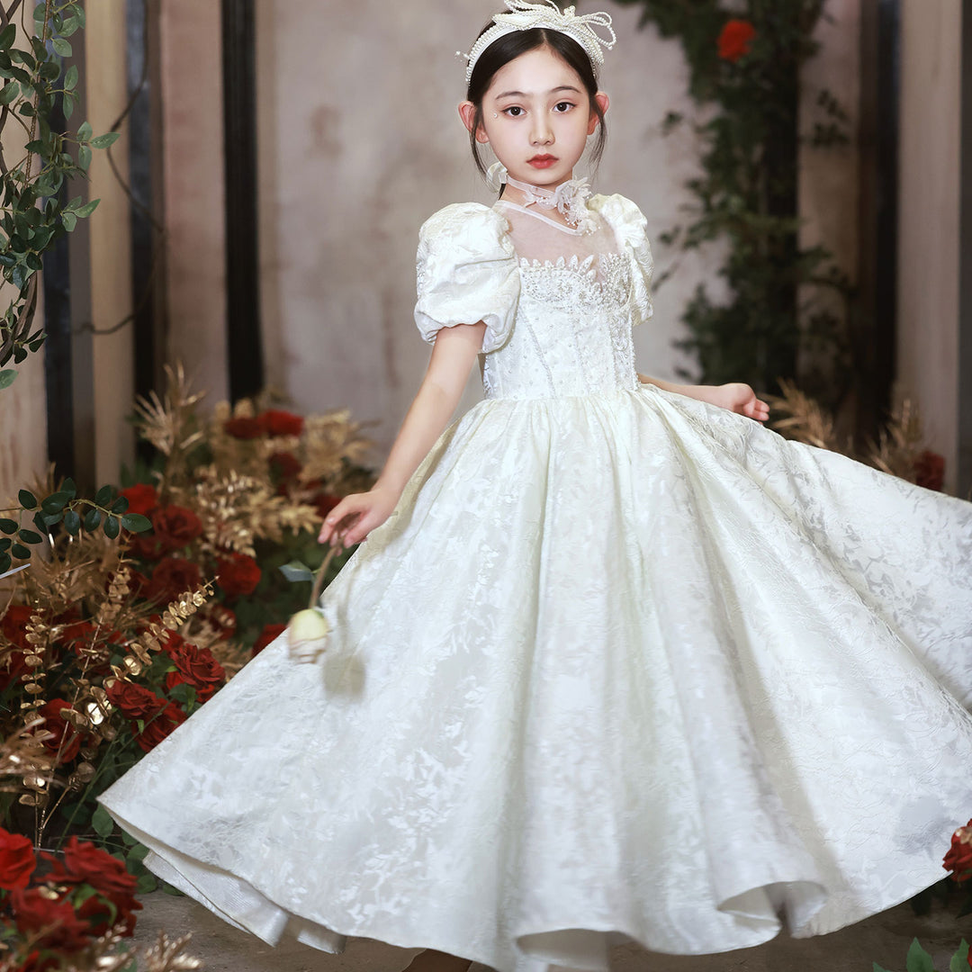 DreamyVow Elegant White Flower Girl Dresses Luxury Beading Puff Sleeve Formal Gowns Kids Wedding Birthday Party Pageant J092