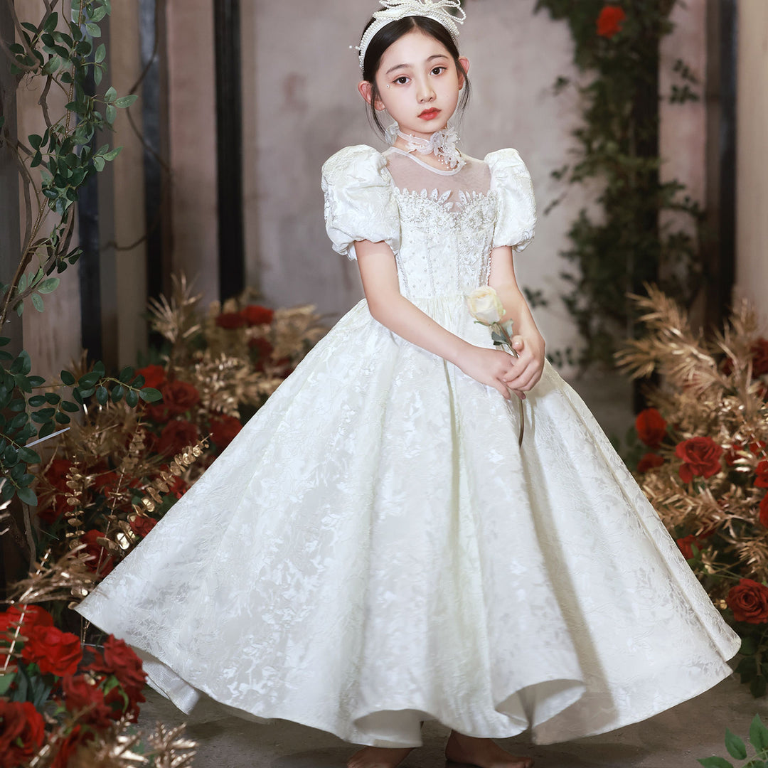 DreamyVow Elegant White Flower Girl Dresses Luxury Beading Puff Sleeve Formal Gowns Kids Wedding Birthday Party Pageant J092