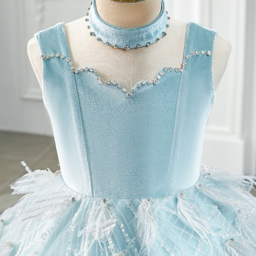 DreamyVow Luxury Dubai Sky Blue Girl dresses High-Neck Feather Arabic Princess Kids Birthday Wedding Party Ball Gown J128