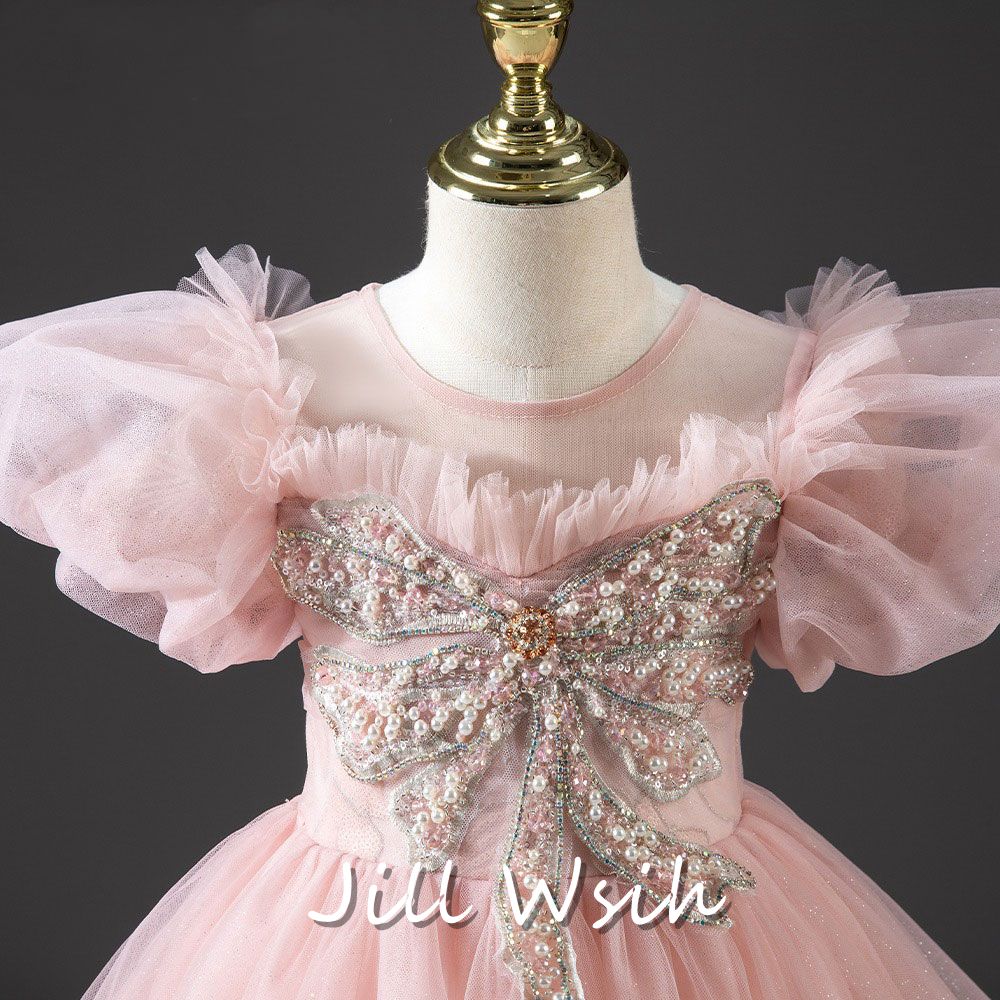 DreamyVow Luxury Princess Dusty Pink Girl Dress Dubai Tulle Pearls Beading J022