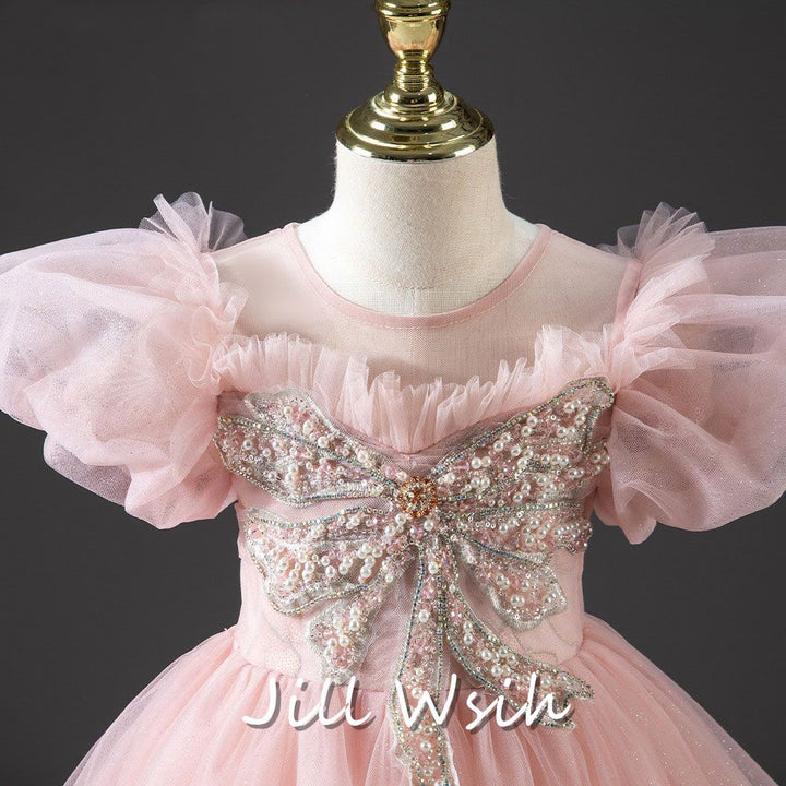 DreamyVow Luxury Princess Dusty Pink Girl Dress Dubai Tulle Pearls Beading J022