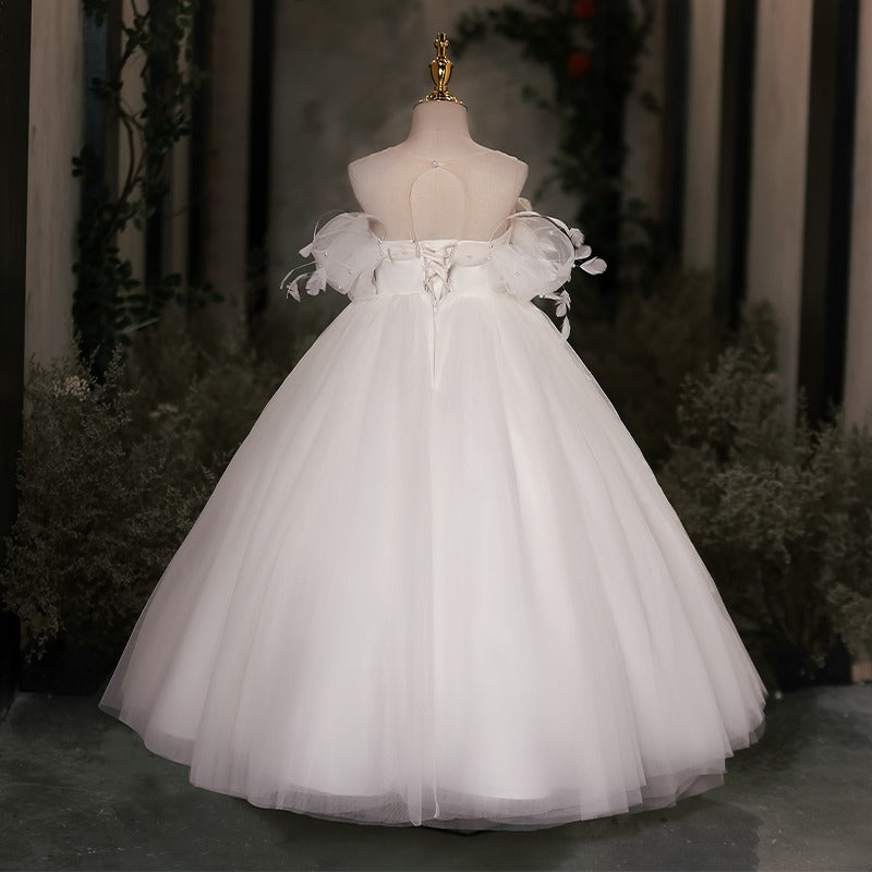 DreamyVow Elegant White Dubai Girl Dress Pearls Feathers Arab Princess Kids Wedding Birthday Party Long Ball Prom Gown 2024 J149-DreamyVow