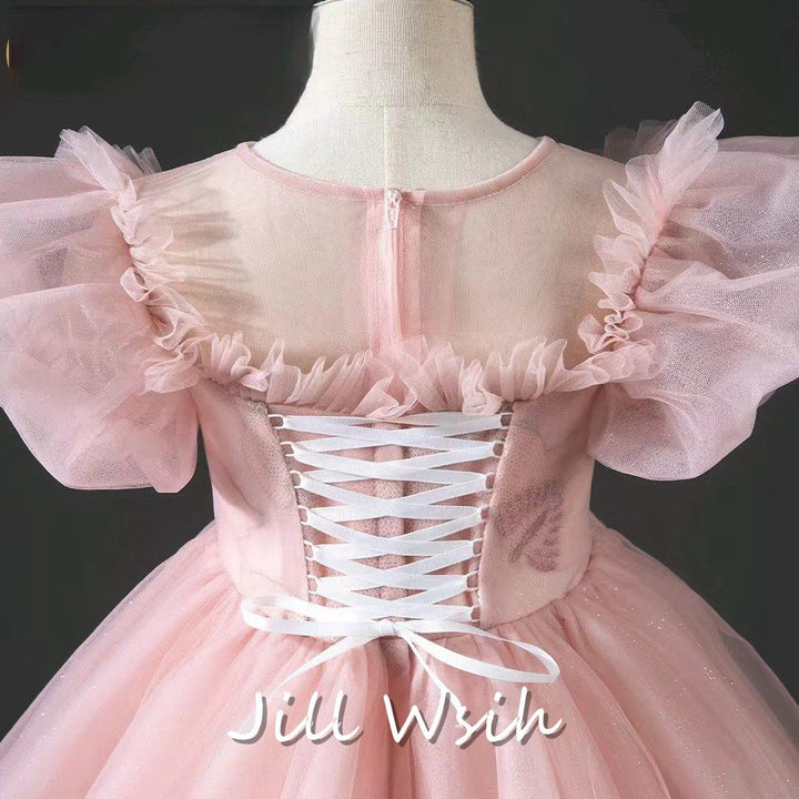 DreamyVow Luxury Princess Dusty Pink Girl Dress Dubai Tulle Pearls Beading J022