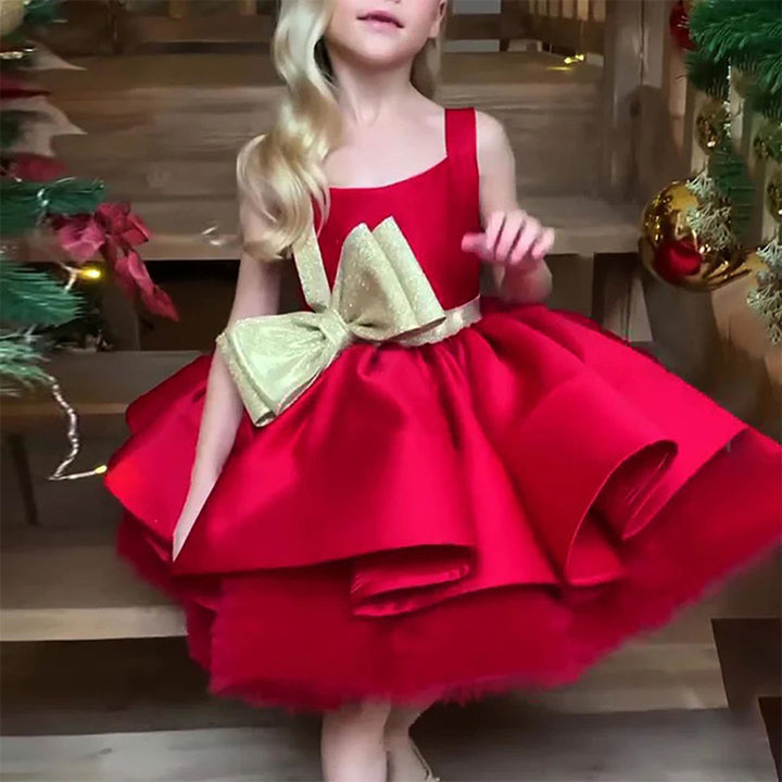 DreamyVow Red Christmas Satin Girl Dress Knee Length with Bow Square Collar J285