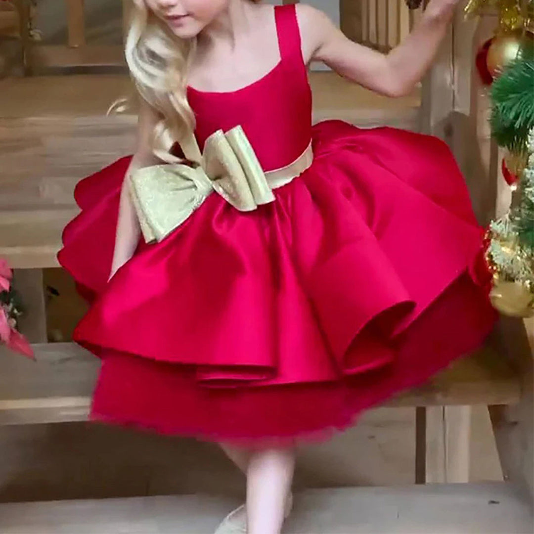 DreamyVow Red Christmas Satin Girl Dress Knee Length with Bow Square Collar J285