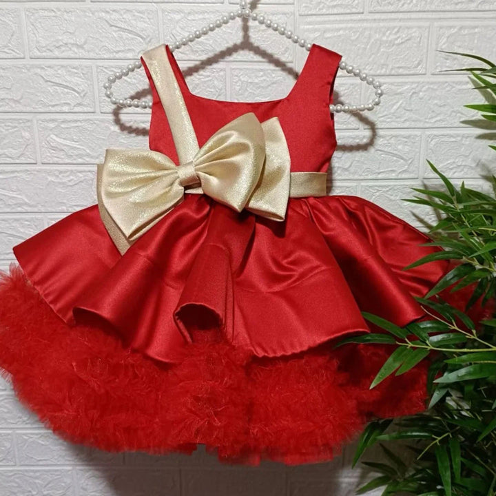 DreamyVow Red Christmas Satin Girl Dress Knee Length with Bow Square Collar J285