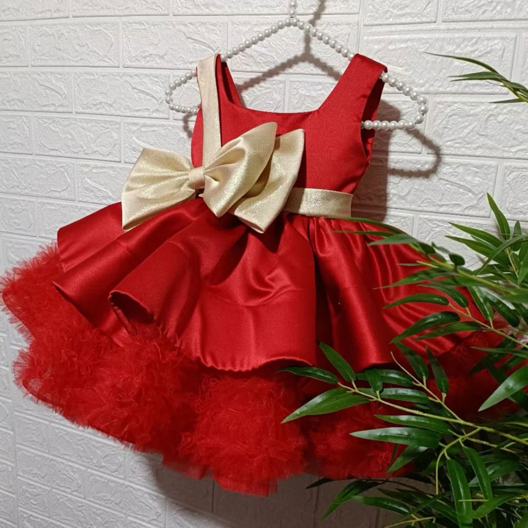 DreamyVow Red Christmas Satin Girl Dress Knee Length with Bow Square Collar J285