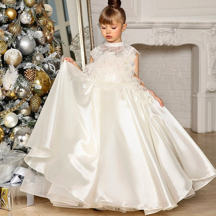 DreamyVow Luxury White Girl Dress Beads Feathers Kids for First Communion J398