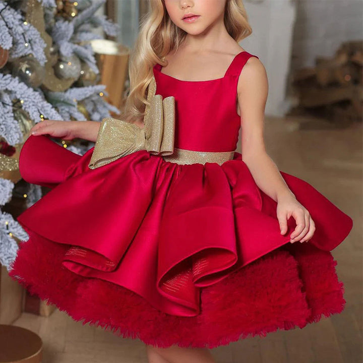 DreamyVow Red Christmas Satin Girl Dress Knee Length with Bow Square Collar J285