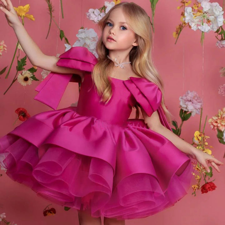 DreamyVow Elegant Satin Fuchsia Girl Dress Off-Shoulder White Princess Birthday Wedding Party Children Gown J159