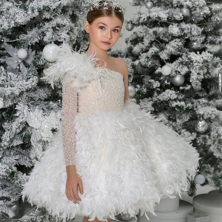 Dreamy Luxury Arabic White Girl Dress Feathers for Kids Princess Birthday Wedding Party J394