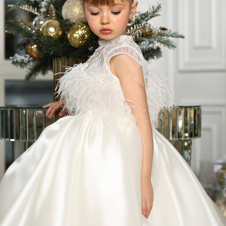 DreamyVow Luxury White Girl Dress Beads Feathers Kids for First Communion J398