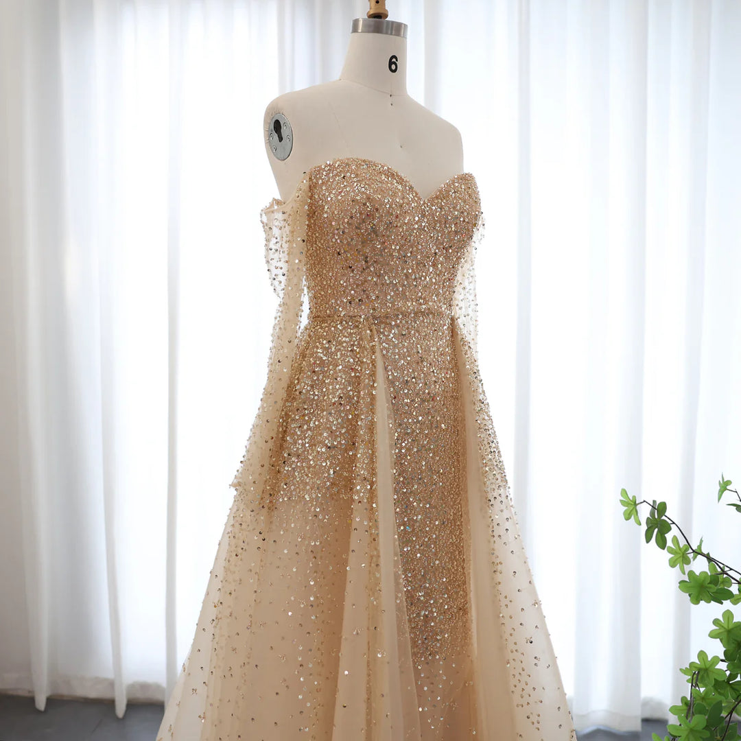 Dreamy Vow Luxury Dubai Champagne Gold Mermaid Evening Dress with Detachable Overskirt Off Shoulder Arabic Wedding Party SS410