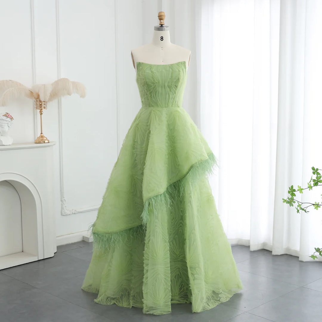 Luxury Feather 3D Floral Lime Green Strapless Evening Dress SF034