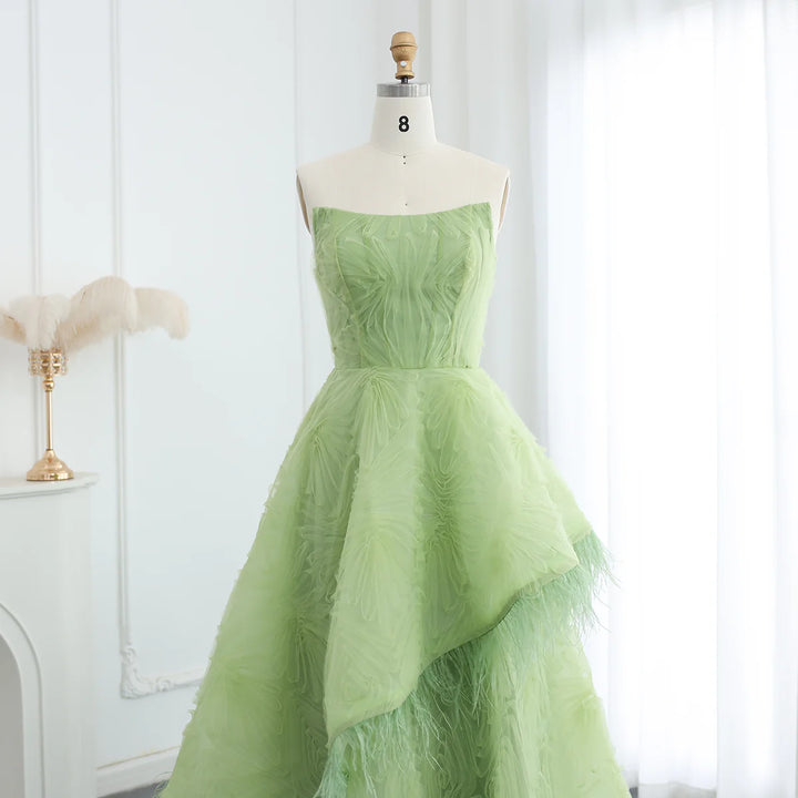 Luxury Feather 3D Floral Lime Green Strapless Evening Dress SF034