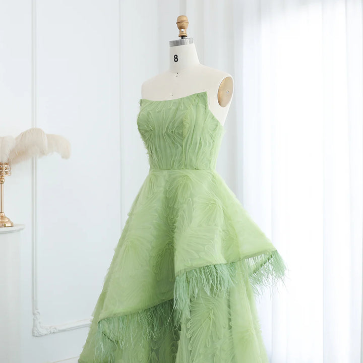 Luxury Feather 3D Floral Lime Green Strapless Evening Dress SF034