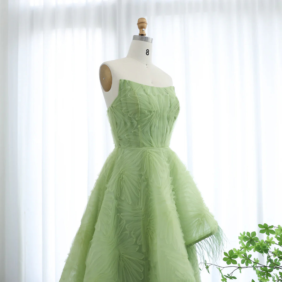 Luxury Feather 3D Floral Lime Green Strapless Evening Dress SF034