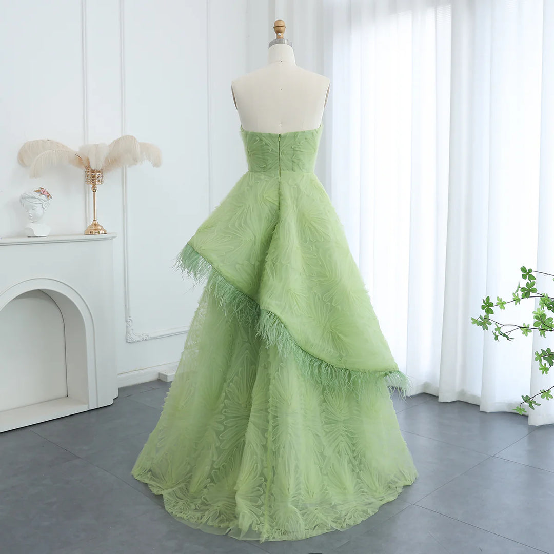 Luxury Feather 3D Floral Lime Green Strapless Evening Dress SF034