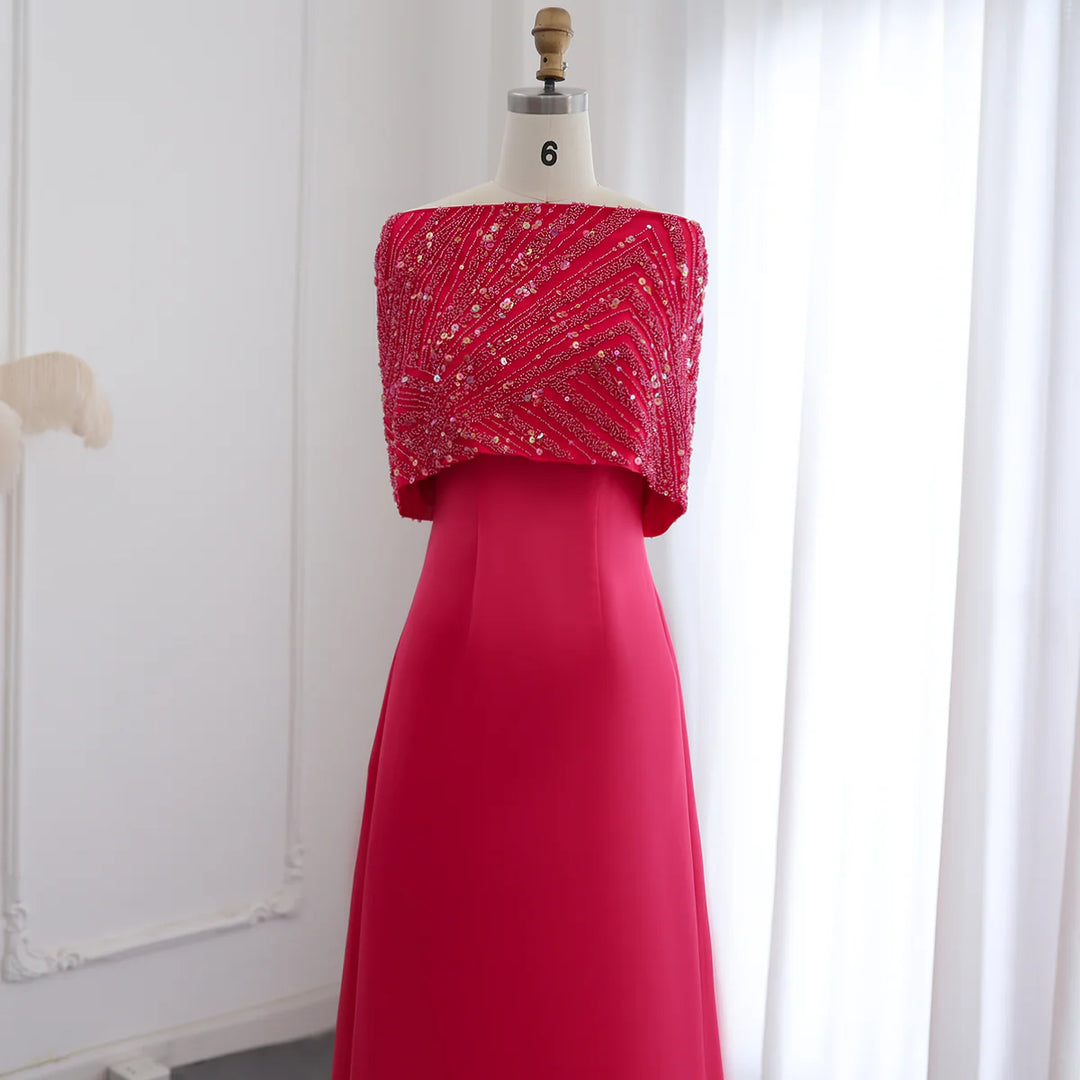 Dreamy Vow Elegant Off Shoulder Fuchsia Arabic Evening Dress with Cape for Women Wedding Party Dubai Formal Prom Gowns SS482