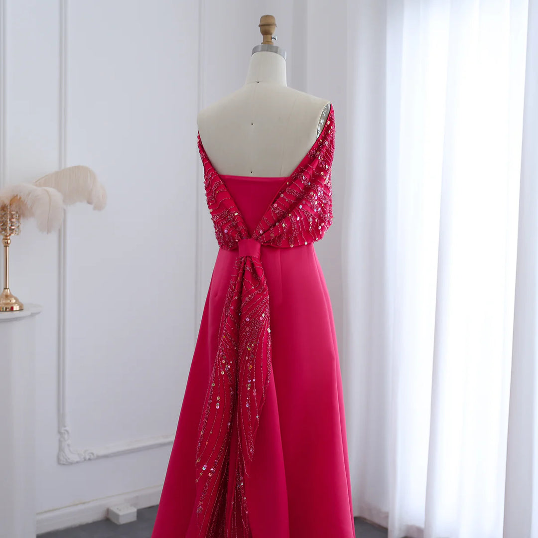 Dreamy Vow Elegant Off Shoulder Fuchsia Arabic Evening Dress with Cape for Women Wedding Party Dubai Formal Prom Gowns SS482