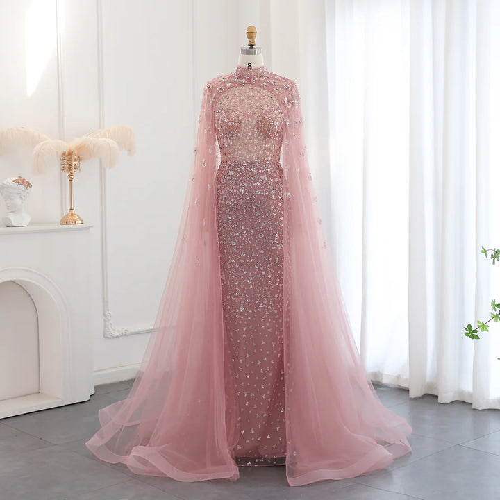 Dreamy Vow Luxury Dubai Pink Muslim Evening Dress with Cape Long Sleeves Mermaid Sage Green Arab Women Wedding Party Gown SS202