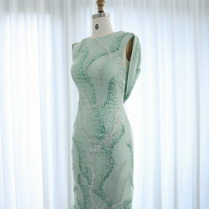 Dreamy Vow Luxury Feather Sage Green Arabic Evening Dresses Criss Cross Back Midi Formal Wedding Party Gowns SS436