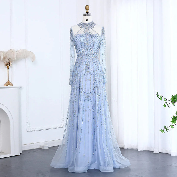 Luxury Blue Long Sleeves High Neck Evening Dress SS587