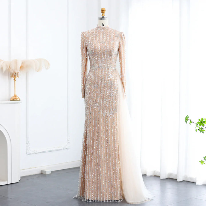 Dreamy Vow Luxury Long Sleeve Nude Evening Dress with Overskirt SS105