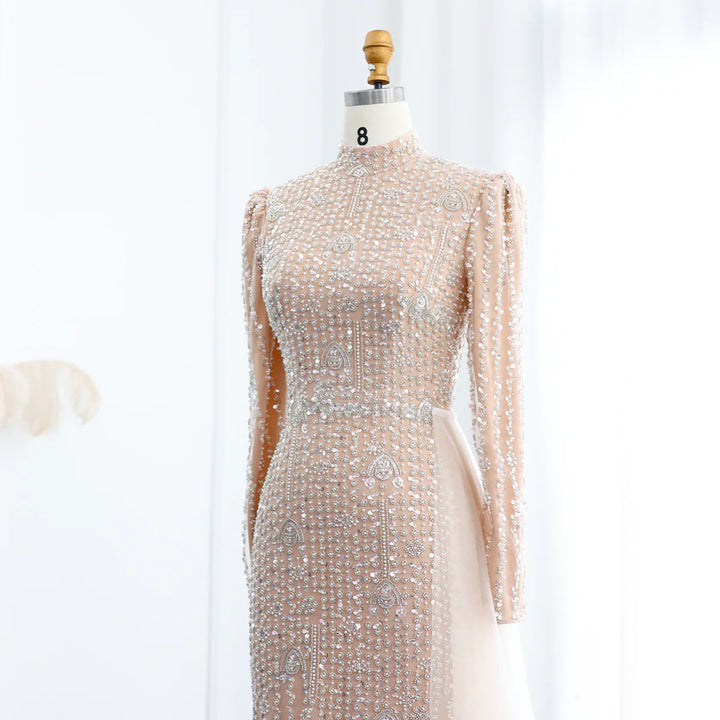 Dreamy Vow Luxury Long Sleeve Nude Evening Dress with Overskirt SS105