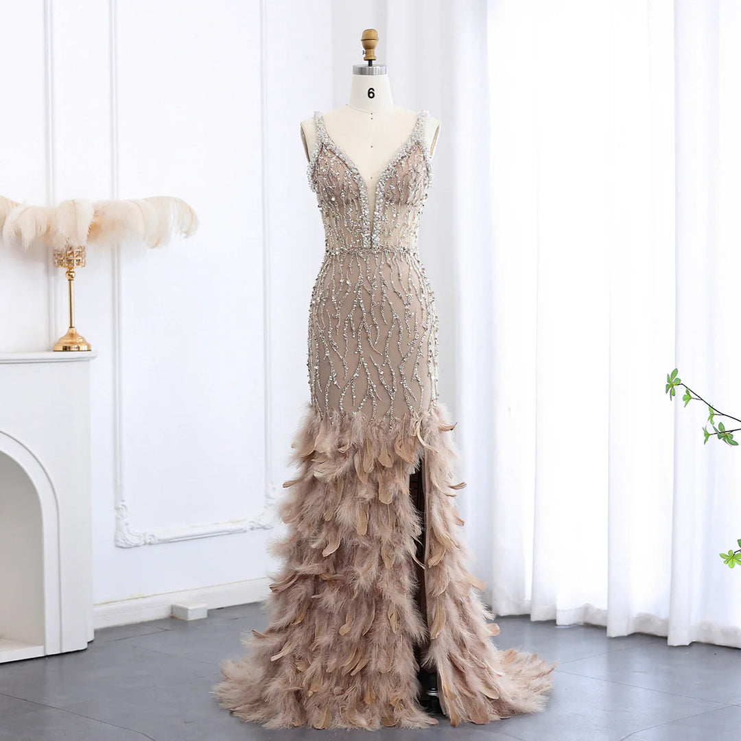 Dreamy Vow Luxury Feathers Pink Mermaid Evening Dresses for Women Wedding V-Neck Blue Side Slit Long Prom Party Dress SS184