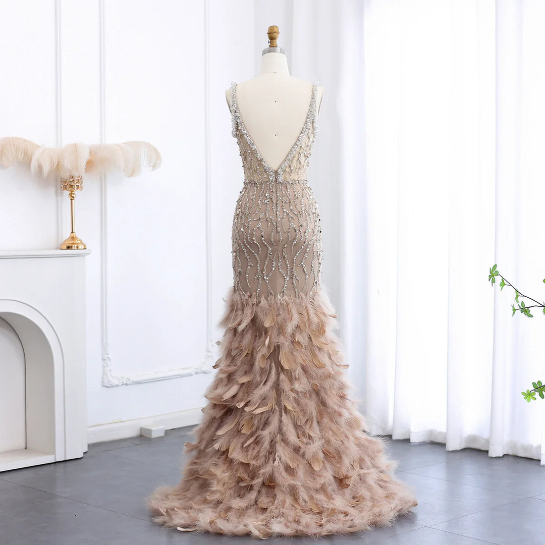 Dreamy Vow Luxury Feathers Pink Mermaid Evening Dresses for Women Wedding V-Neck Blue Side Slit Long Prom Party Dress SS184