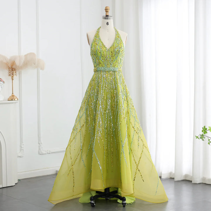 Luxury Beaded Lemon Green Halter High Low Evening Dresses SS472