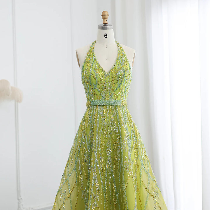 Luxury Beaded Lemon Green Halter High Low Evening Dresses SS472