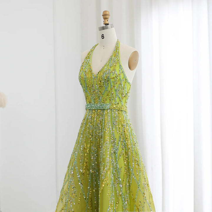 Luxury Beaded Lemon Green Halter High Low Evening Dresses SS472