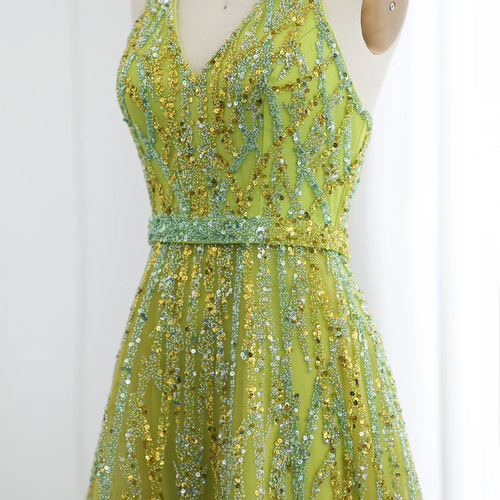 Luxury Beaded Lemon Green Halter High Low Evening Dresses SS472