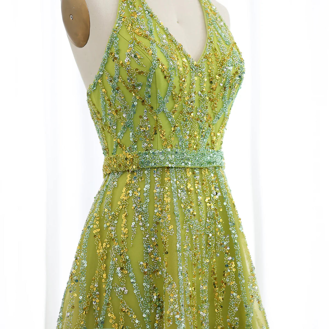 Luxury Beaded Lemon Green Halter High Low Evening Dresses SS472