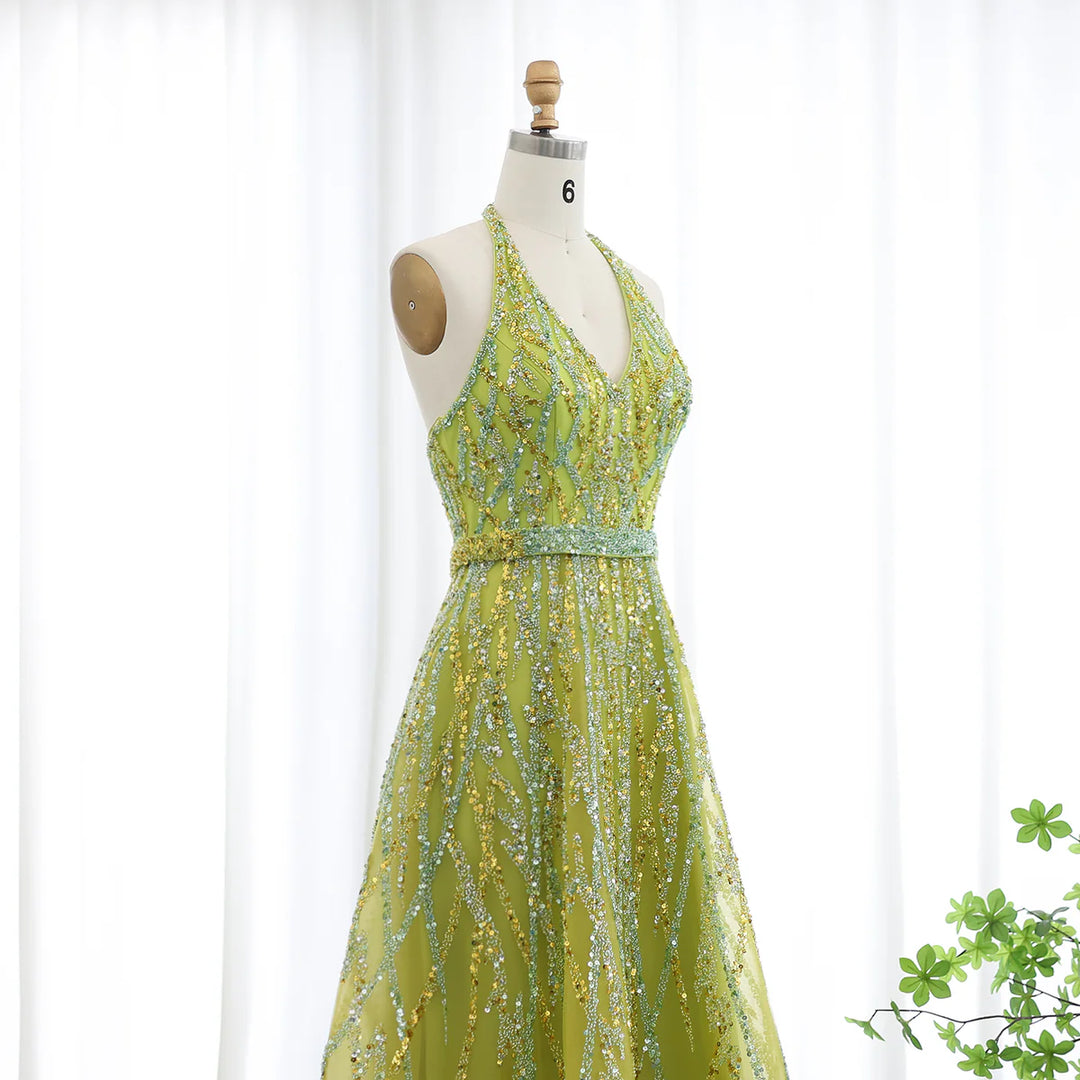 Luxury Beaded Lemon Green Halter High Low Evening Dresses SS472