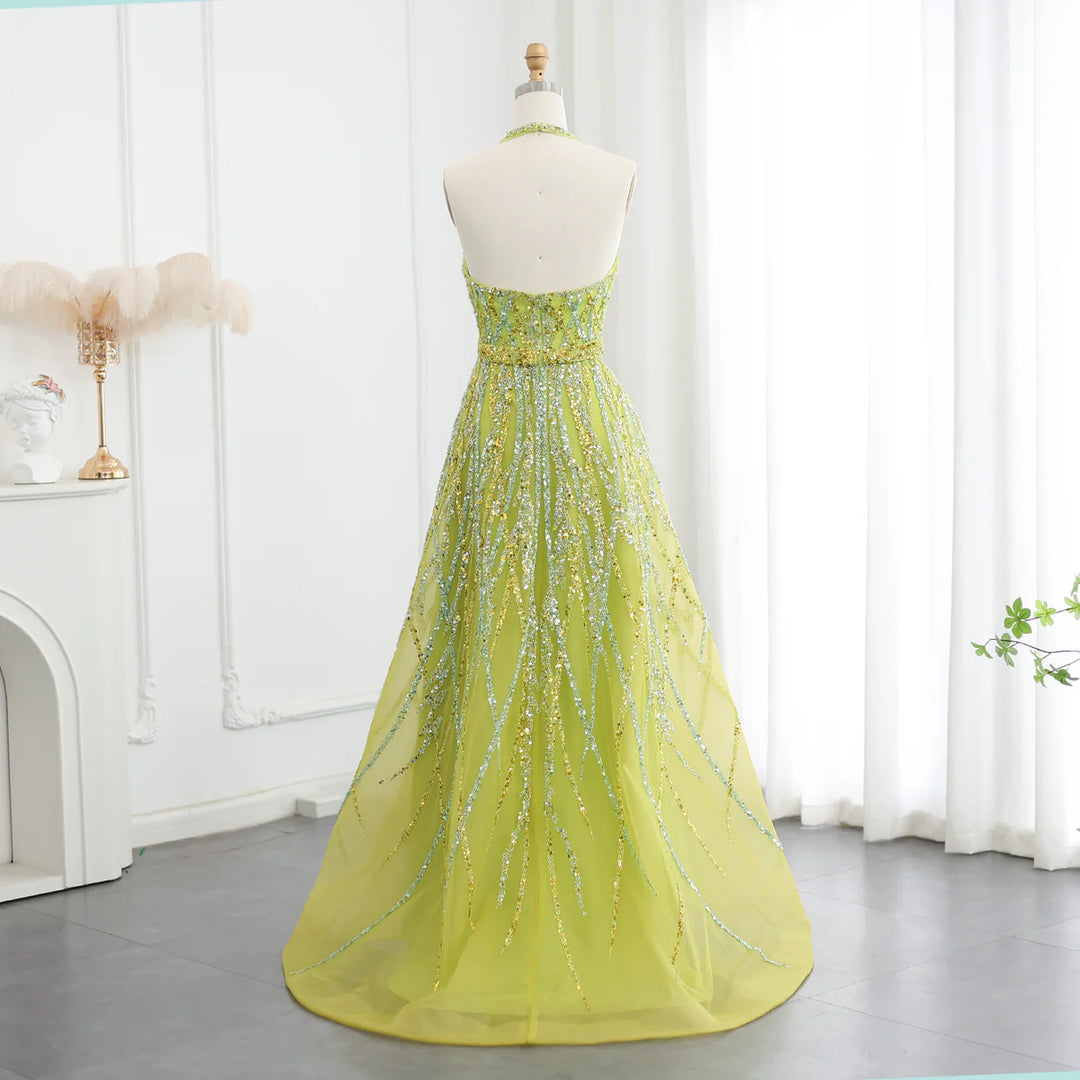 Luxury Beaded Lemon Green Halter High Low Evening Dresses SS472