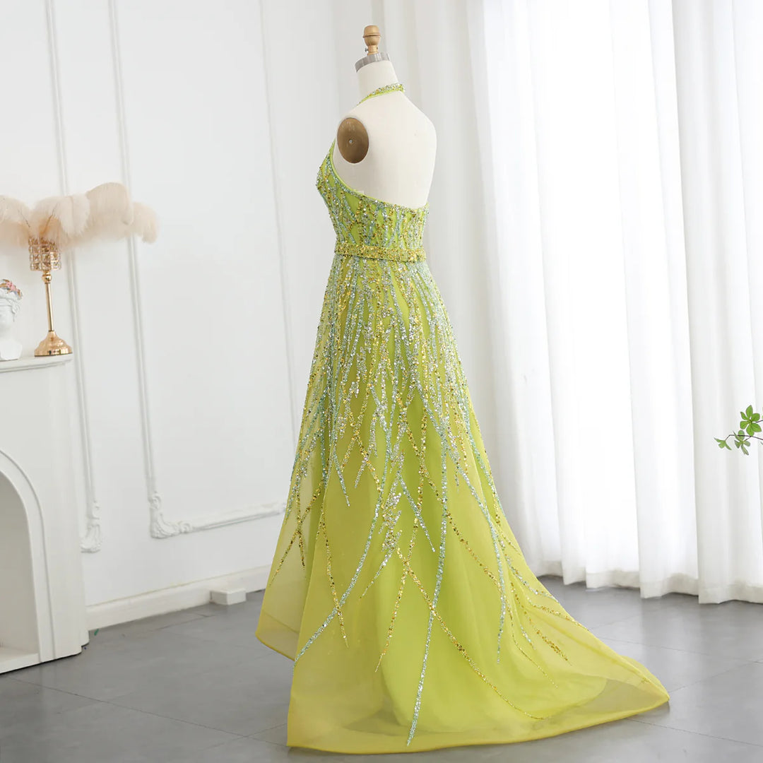 Luxury Beaded Lemon Green Halter High Low Evening Dresses SS472