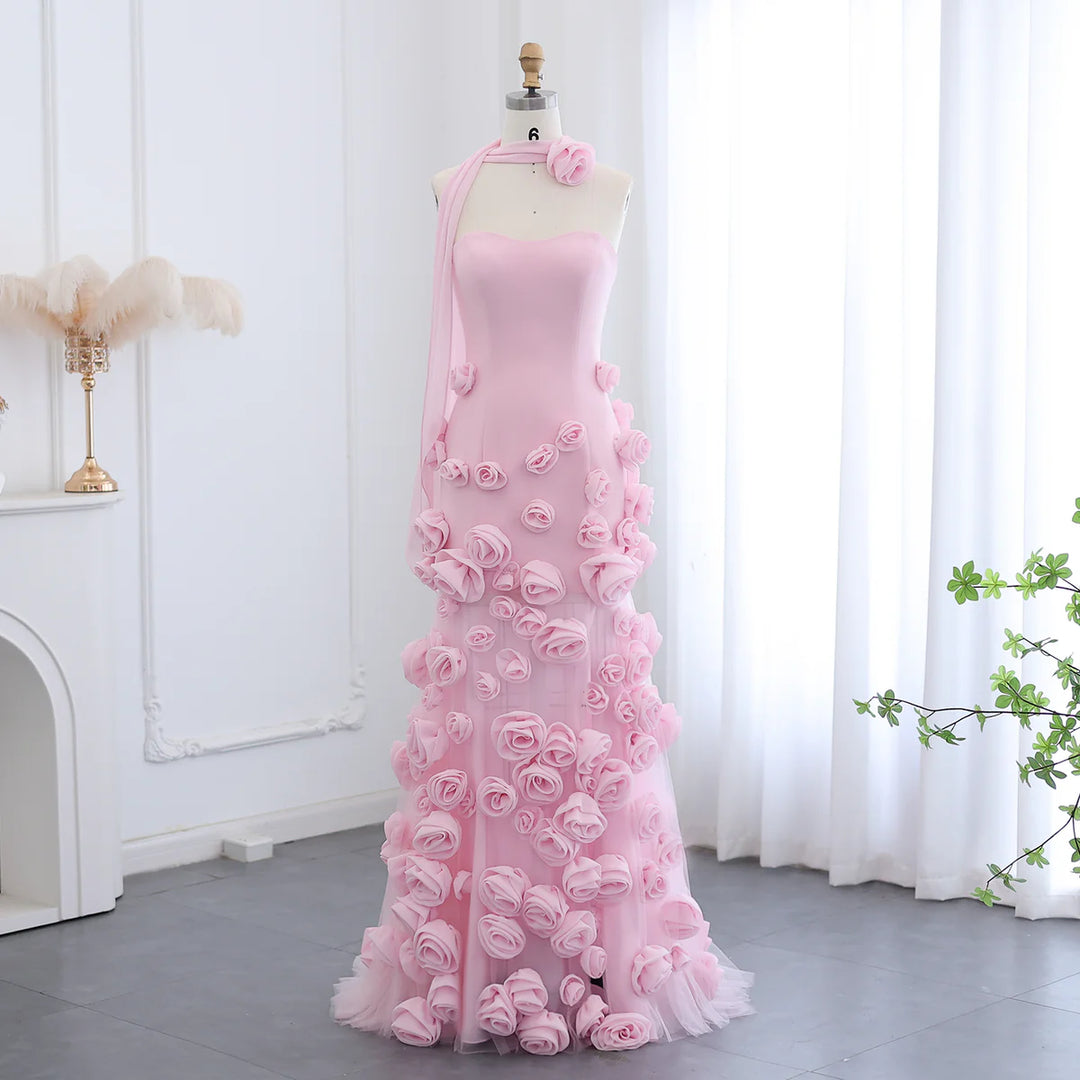 Dreamy Vow Chic Baby Pink 3D Flowers Mermaid Evening Dress 2024 Elegant Sweetheart Side Slit Sexy Girls Prom Party Gowns SF009