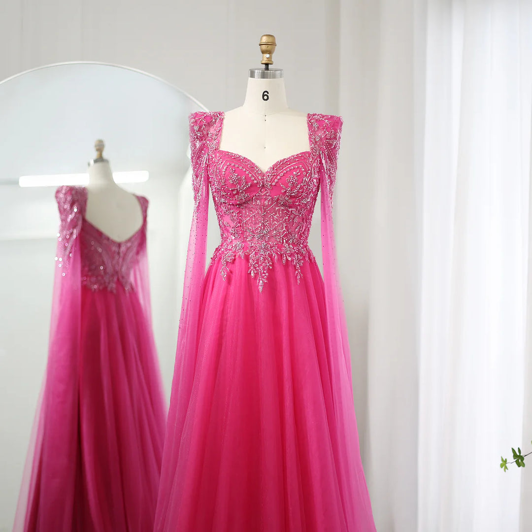 Luxury Beaded Fuchsia Evening Dress with Cape Sleeves SS242