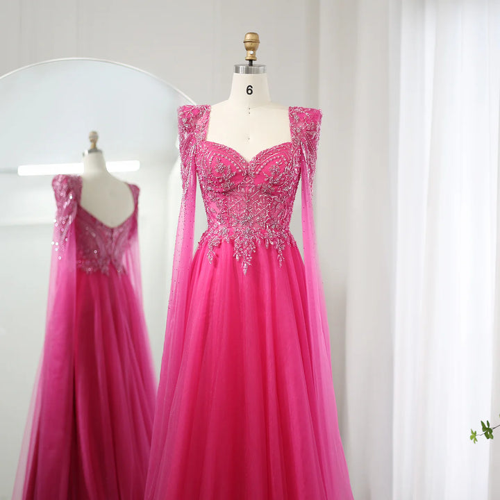 Luxury Beaded Fuchsia Evening Dress with Cape Sleeves SS242