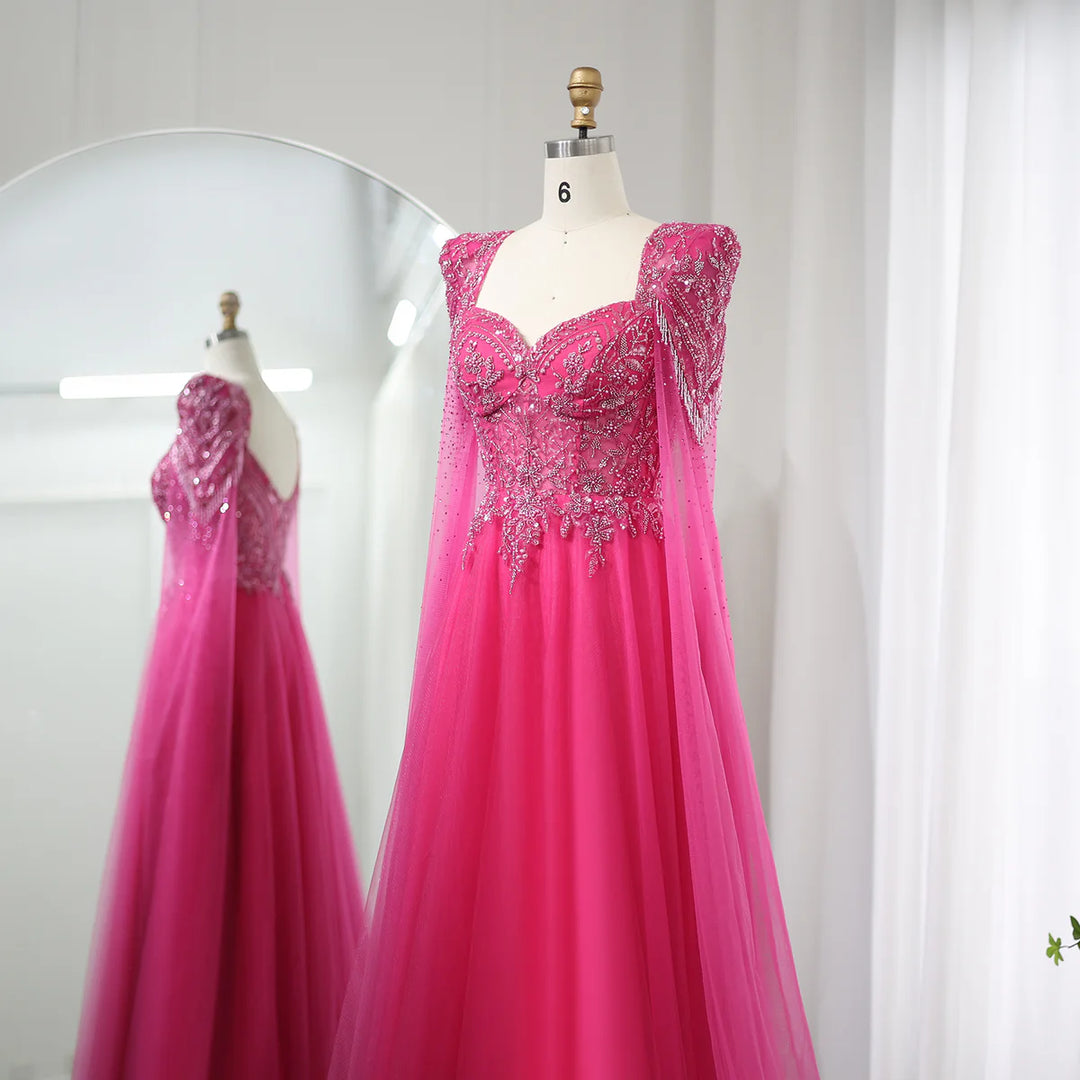 Luxury Beaded Fuchsia Evening Dress with Cape Sleeves SS242