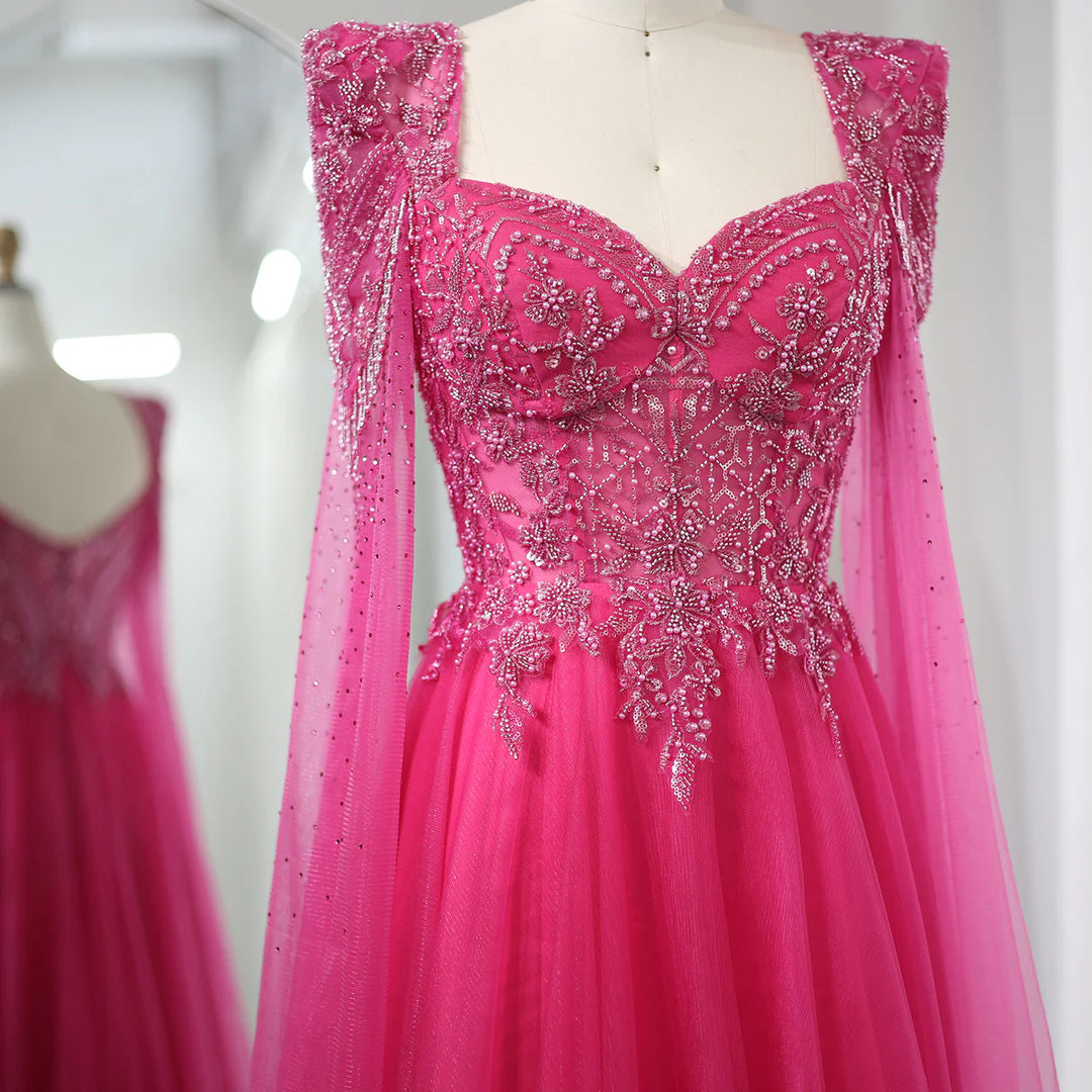 Luxury Beaded Fuchsia Evening Dress with Cape Sleeves SS242