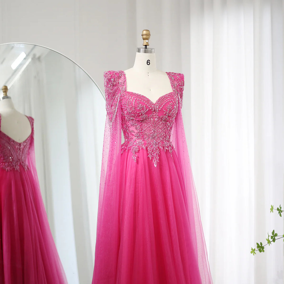 Luxury Beaded Fuchsia Evening Dress with Cape Sleeves SS242