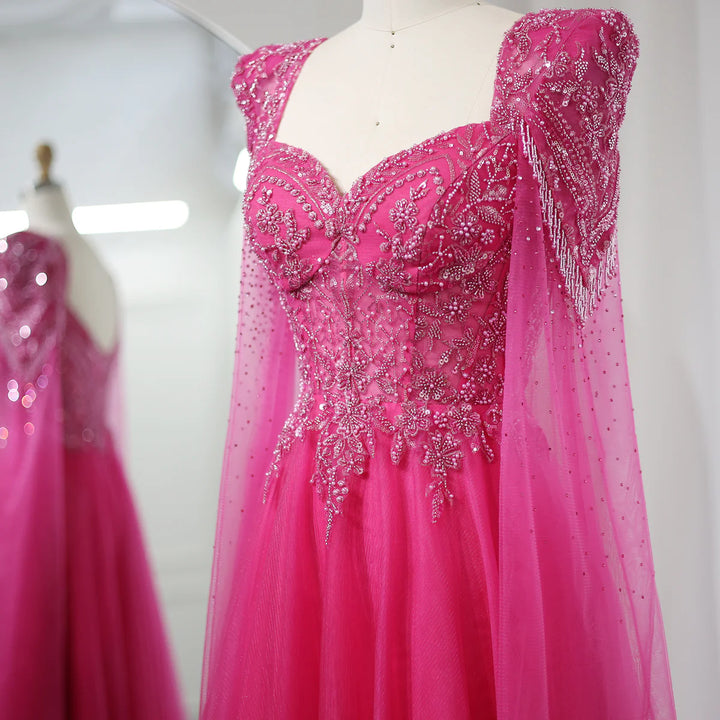 Luxury Beaded Fuchsia Evening Dress with Cape Sleeves SS242