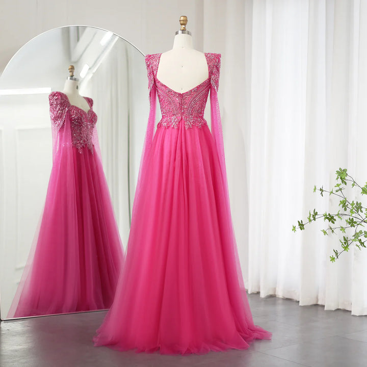 Luxury Beaded Fuchsia Evening Dress with Cape Sleeves SS242