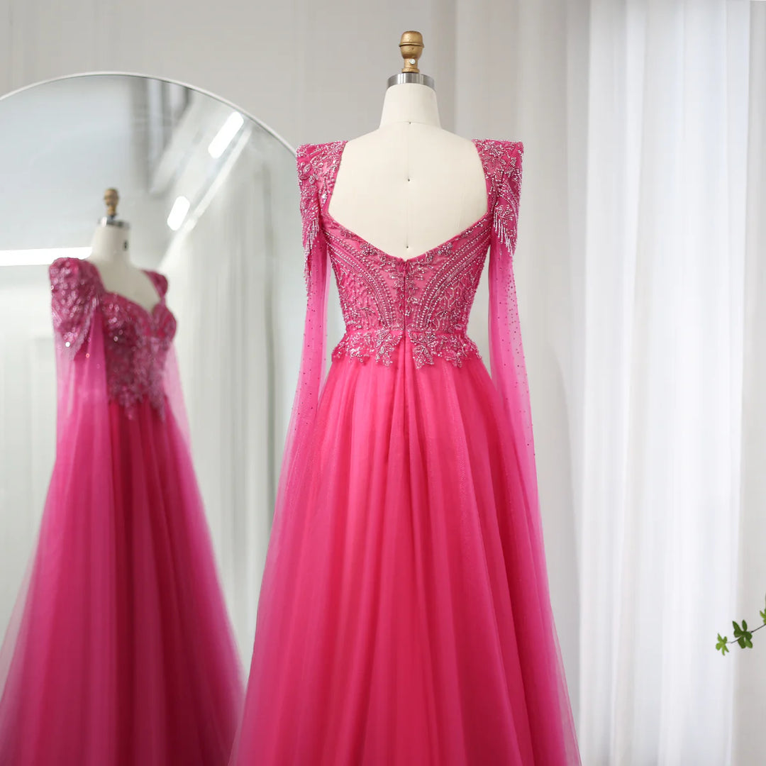 Luxury Beaded Fuchsia Evening Dress with Cape Sleeves SS242