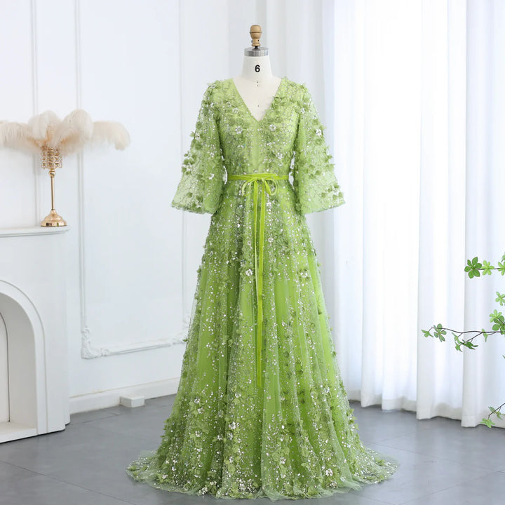 Dreamy Vow Sexy Plunging V-neck Green 3D Embroidered Flowers Evening Dress for Women Wedding Party Gowns SS354