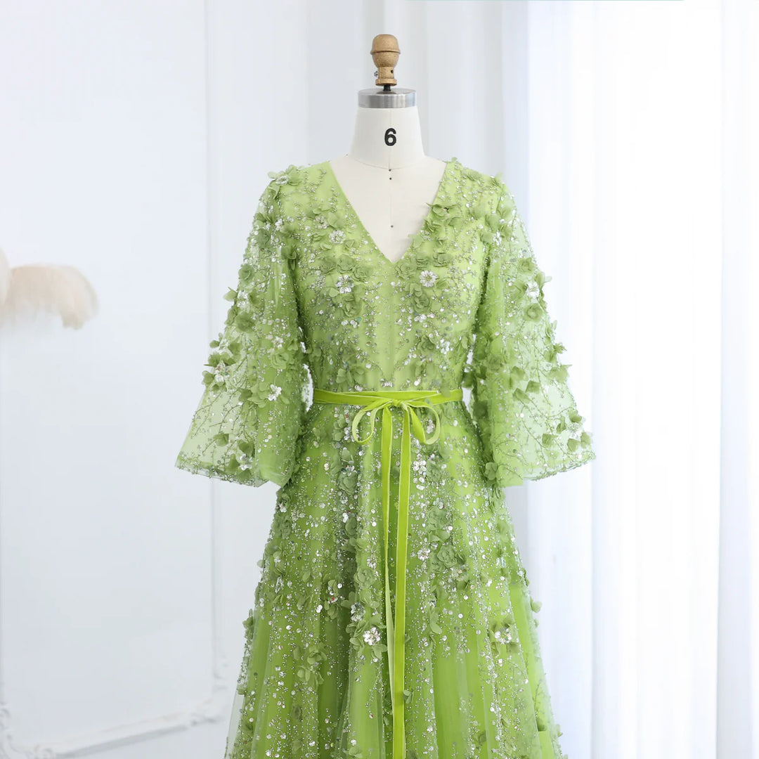 Dreamy Vow Sexy Plunging V-neck Green 3D Embroidered Flowers Evening Dress for Women Wedding Party Gowns SS354